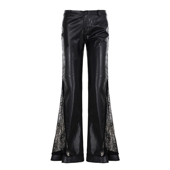 Damen Elegante Kunstlederhose mit transparenten Spitzenakzenten Drune
