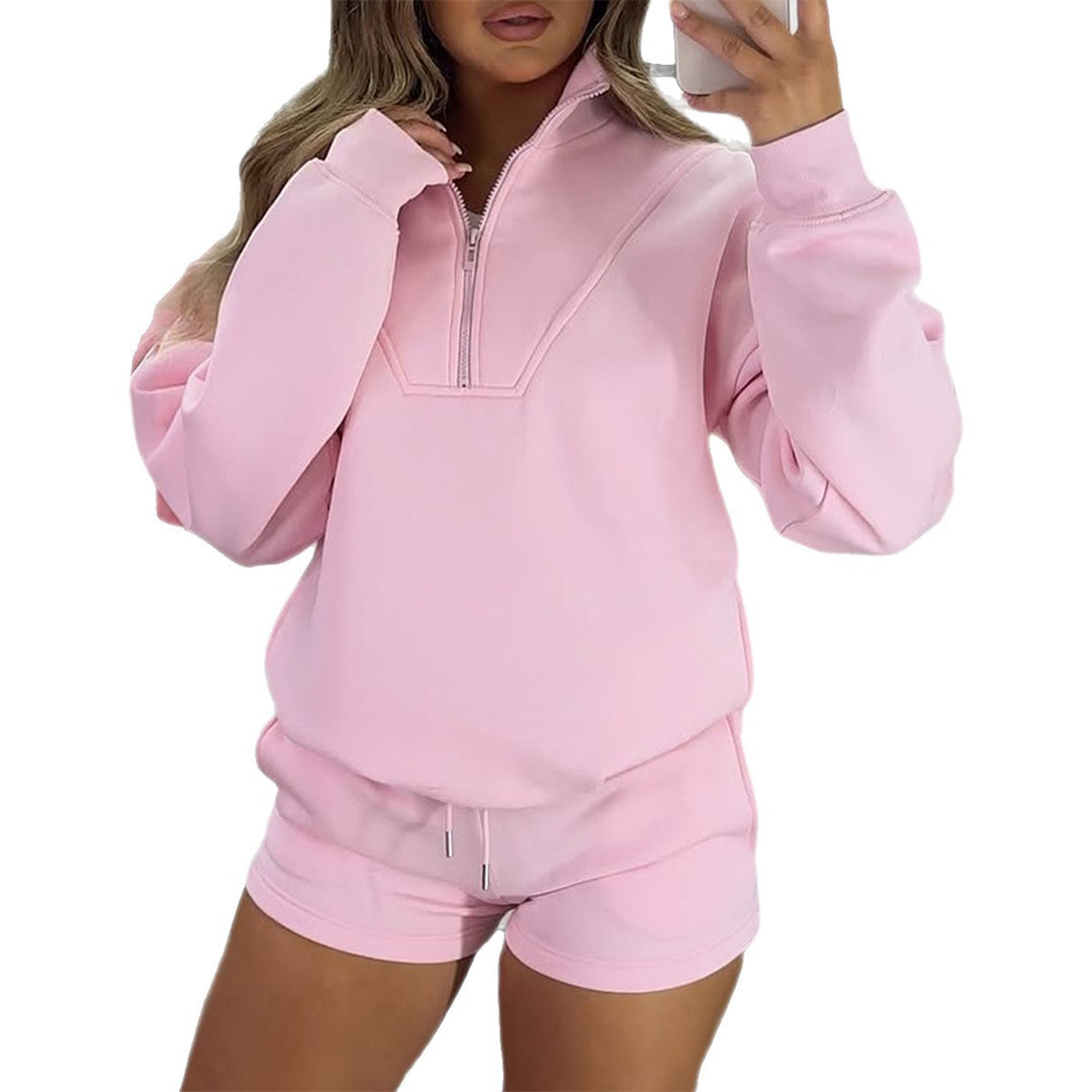 Damen nan lässiges Sweatshirt-Set mit halbem Reißverschluss, Kängurutasche und High-Waist-Shorts Drune