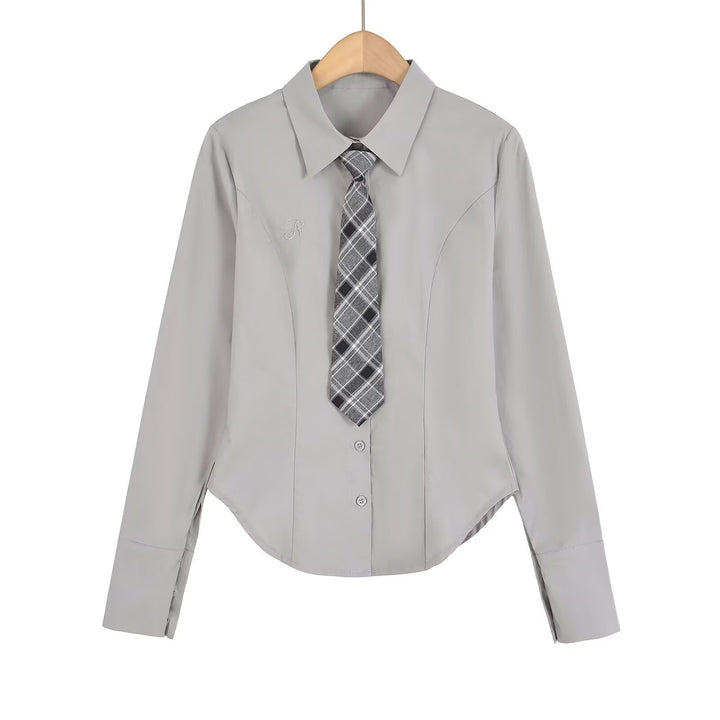 Damen klassische Bluse mit eleganter Krawatte Drune