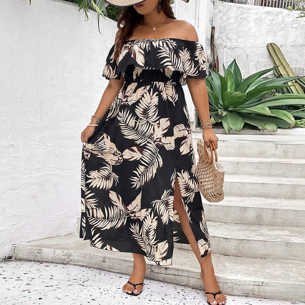 Damen Off-Shoulder Maxikleid mit raffinierten Rüschen und seitlichem Schlitz Drune