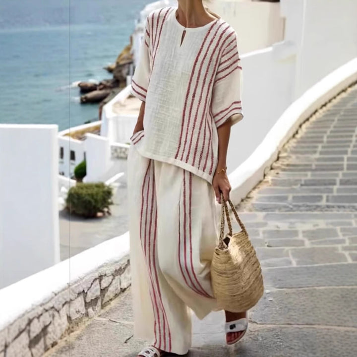 Damen leichte gestreifte Leinen Tunika und Hose Set Drune
