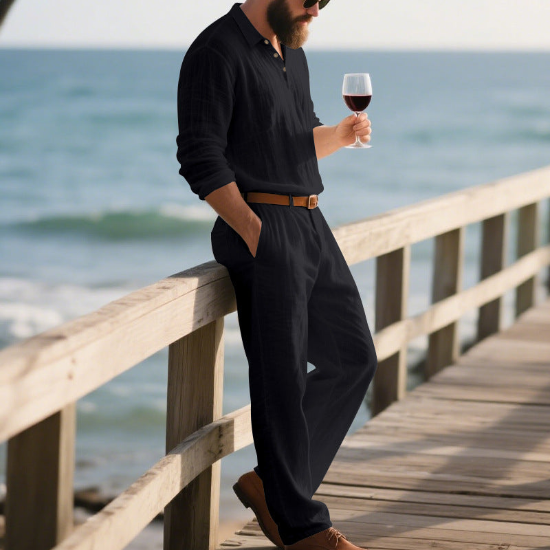 Herren eleganter Freizeit-Jumpsuit mit praktischen Taschen und stylischem Henley-Ausschnitt Drune