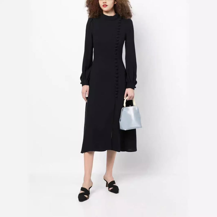 Damen Midikleid im Vintage‑Look mit hochgeschlossenem Kragen, asymmetrischer Zierknopfleiste und Frontschlitz Drune