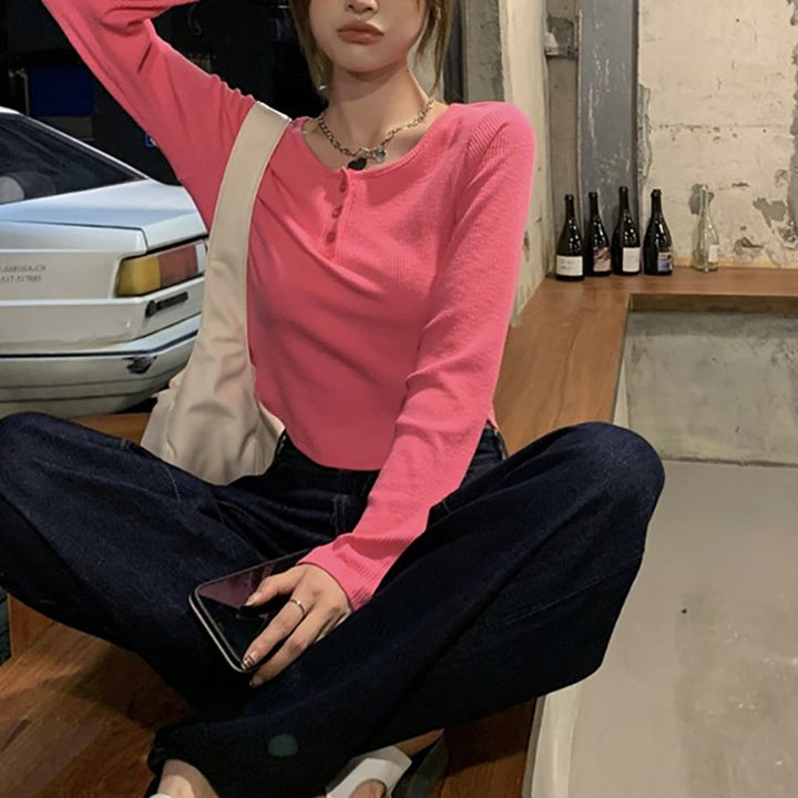 Damen Langarmshirt mit Knopfleiste und feinem Rippdesign