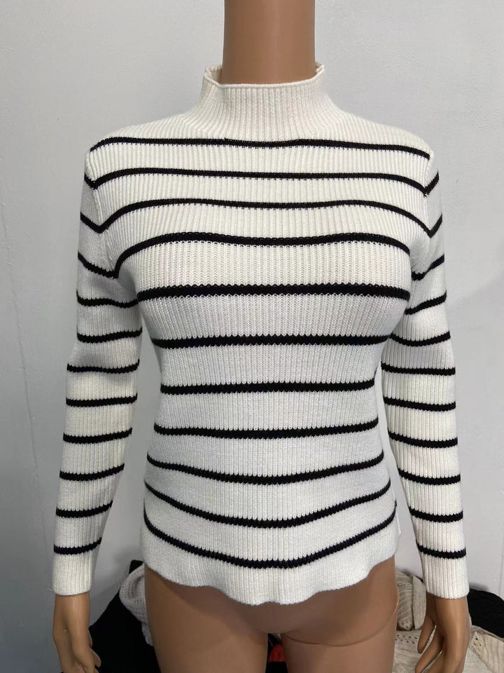Damen Feinstrick-Pullover mit kurzem Stehkragen, Rippenstruktur und maritimen Streifen Drune