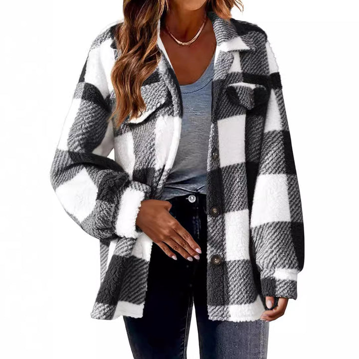 Damen Kuschelige Karodesign Jacke mit Knöpfen und Brusttasche Drune