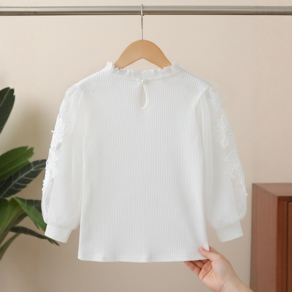 Mädchen Bluse mit Puffärmeln und floralem Spitzenbesatz Drune