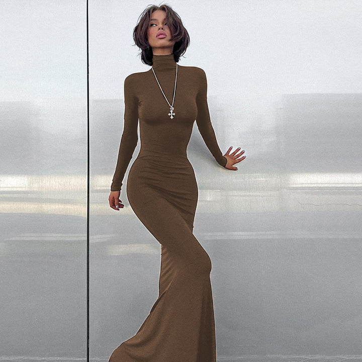 Damen Langarm-Maxikleid mit figurbetontem Schnitt und hohem Kragen Drune