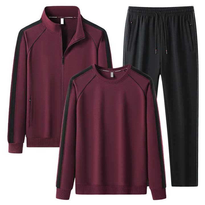 Herren Dreiteiliges Freizeit-Trainingsanzug-Set aus weichem French-Terry mit Reißverschlussjacke, Rundhals-Sweatshirt & Kordel-Jogginghose Drune