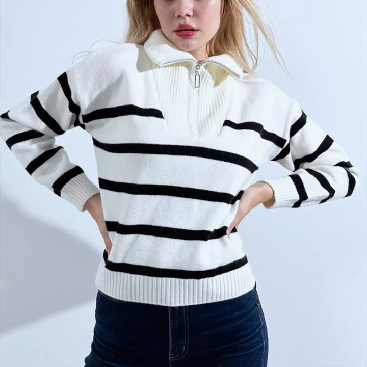 Damen Gestreifter Strickpullover mit kurzem Reißverschluss und Polokragen Drune