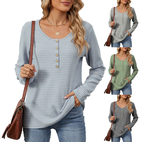 Damen gestreiftes Langarmshirt mit Knopfleiste und lässiger Passform Drune