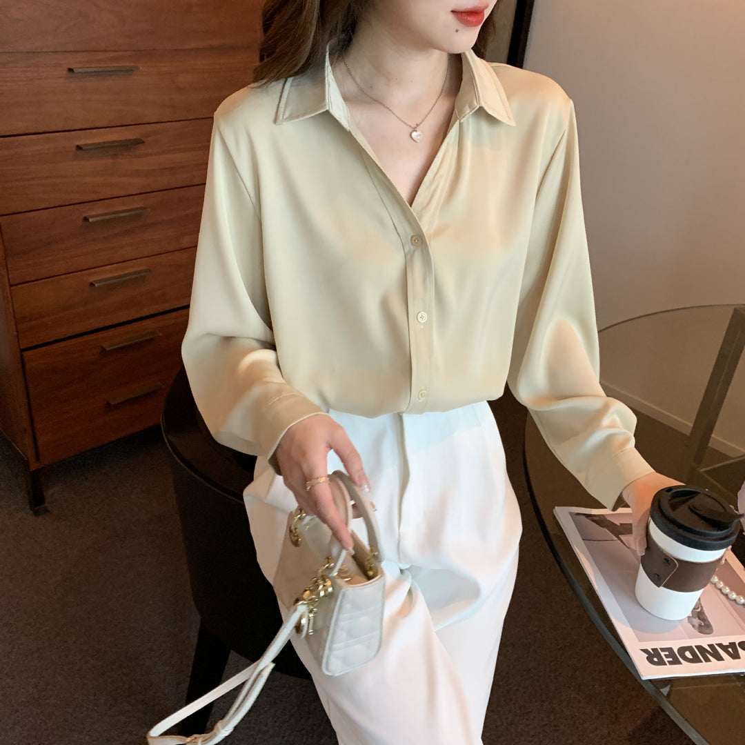Damen elegante Bluse mit feinem Kragen und seitlichem Knopfverschluss Drune