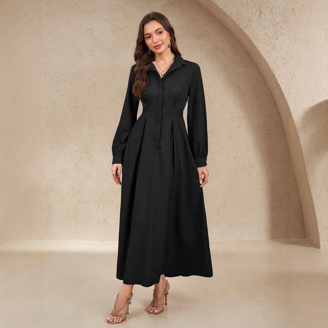Damen Elegantes Hemdblusenkleid mit schwingendem Rock und praktischen Taschen Drune