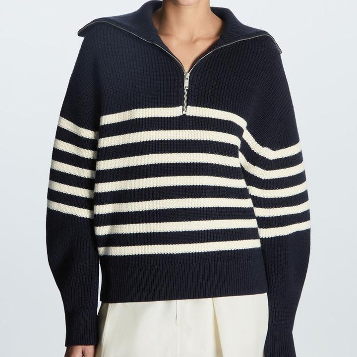 Damen Gestreifter Half‑Zip Strickpullover mit Matrosenkragen und überschnittener Schulter Drune