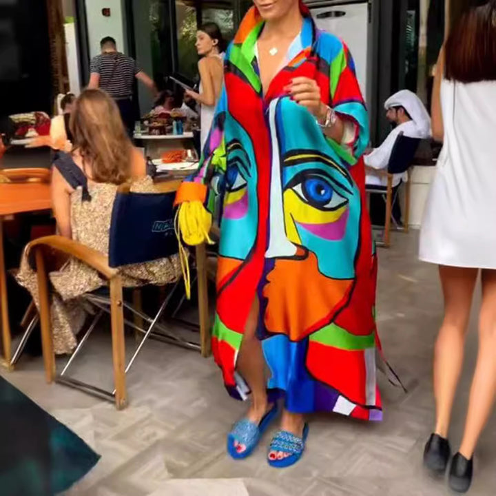 Damen nan Oversize-Hemdkaftan mit abstraktem Portraitprint und Hemdkragen Drune