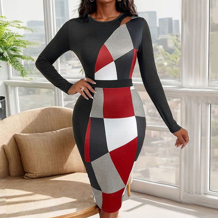 Damen Figurbetontes Midikleid mit grafischem Colorblock-Muster, Cut-Out-Schulter und taillierter Silhouette Drune