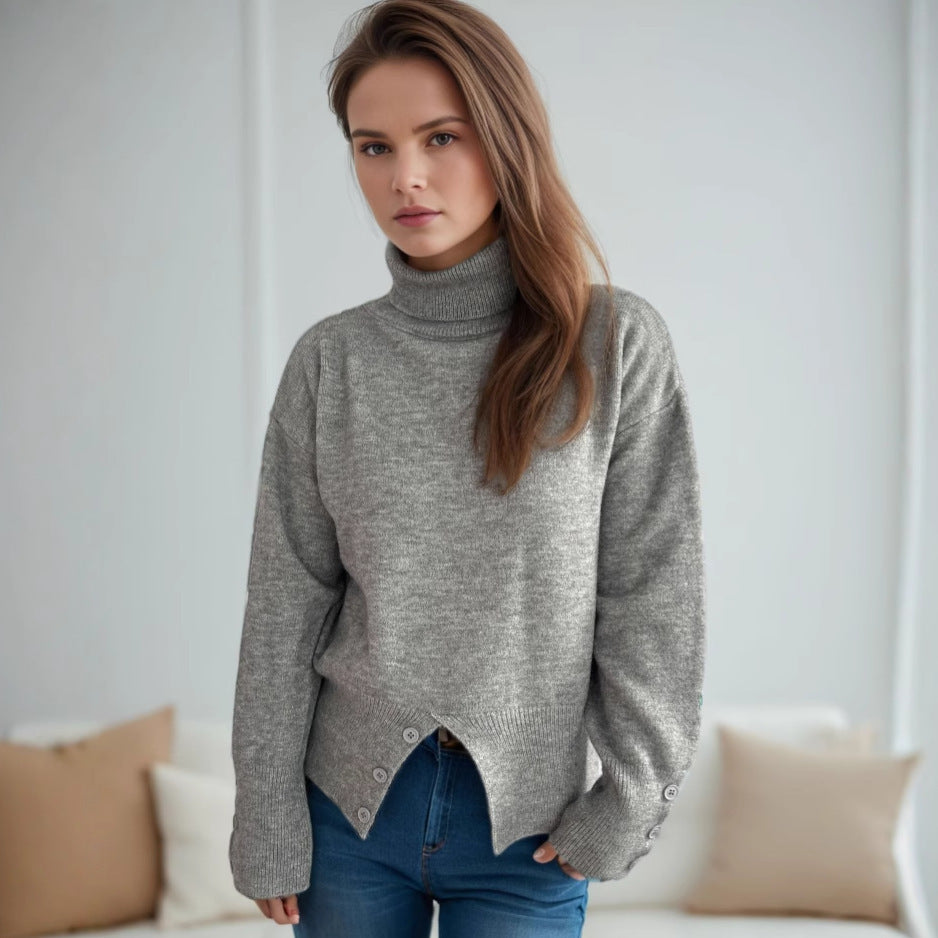 Damen gemütlicher Rollkragenpullover mit Knopfdetails Drune