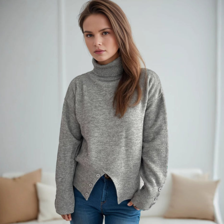 Damen gemütlicher Rollkragenpullover mit Knopfdetails Drune
