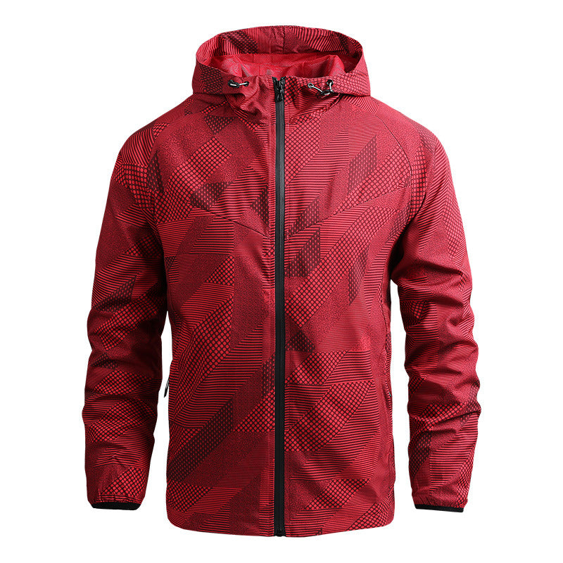 Herren atmungsaktive Softshell-Kapuzenjacke mit geometrischem Allover-Print und sportlicher Passform Drune