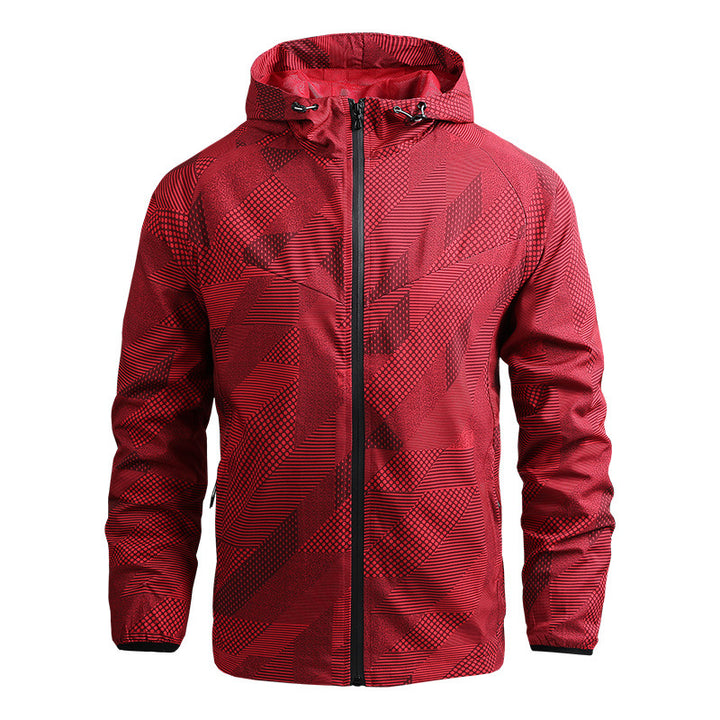 Herren atmungsaktive Softshell-Kapuzenjacke mit geometrischem Allover-Print und sportlicher Passform Drune