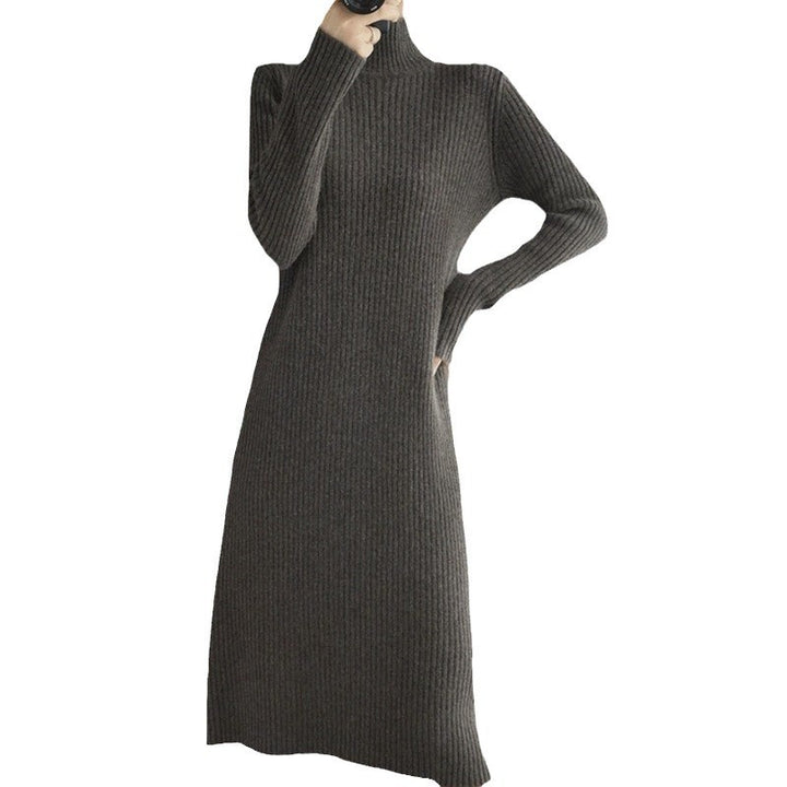 Damen elegantes Strickkleid mit hohem Kragen und feinem Rippdesign Drune