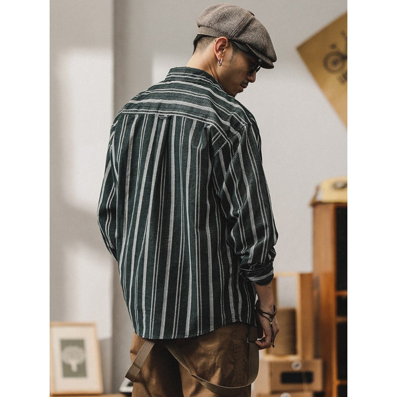 Herren Gestreiftes Overshirt-Hemd aus Baumwoll-Leinen mit Brusttaschen Drune