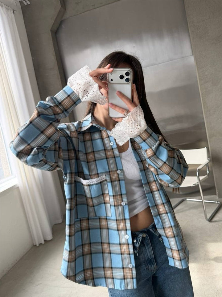 Damen Oversize-kariertes Flanellhemd mit Spitzenmanschetten und Zierpaspel Drune