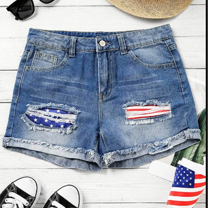Damen Denim-Shorts mit kreativen Flaggenapplikationen und lässigem Destroyed-Design Drune
