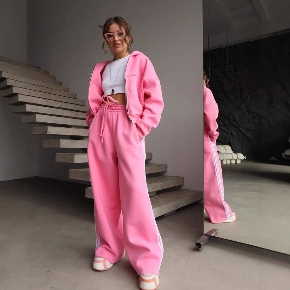 Damen lässiger Freizeit-Jogginganzug mit cropped Sweatjacke und weiten Hosen Drune