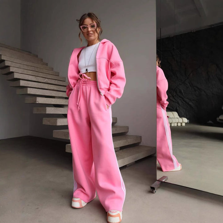 Damen lässiger Freizeit-Jogginganzug mit cropped Sweatjacke und weiten Hosen Drune