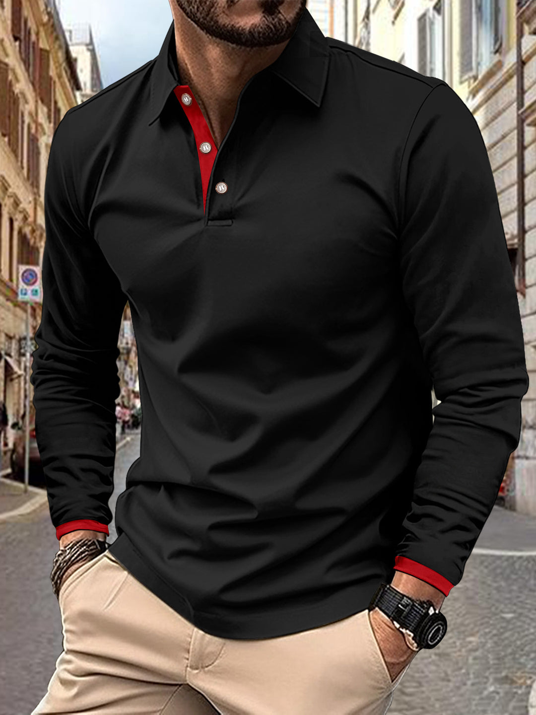 Herren Langarm Poloshirt mit stilvollem Kragen und eleganten Knopfdetails Drune