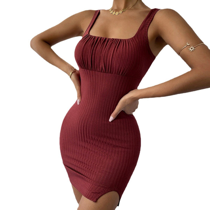 Damen figurbetontes Rippkleid mit quadratischem Ausschnitt und hohem Schlitz Drune