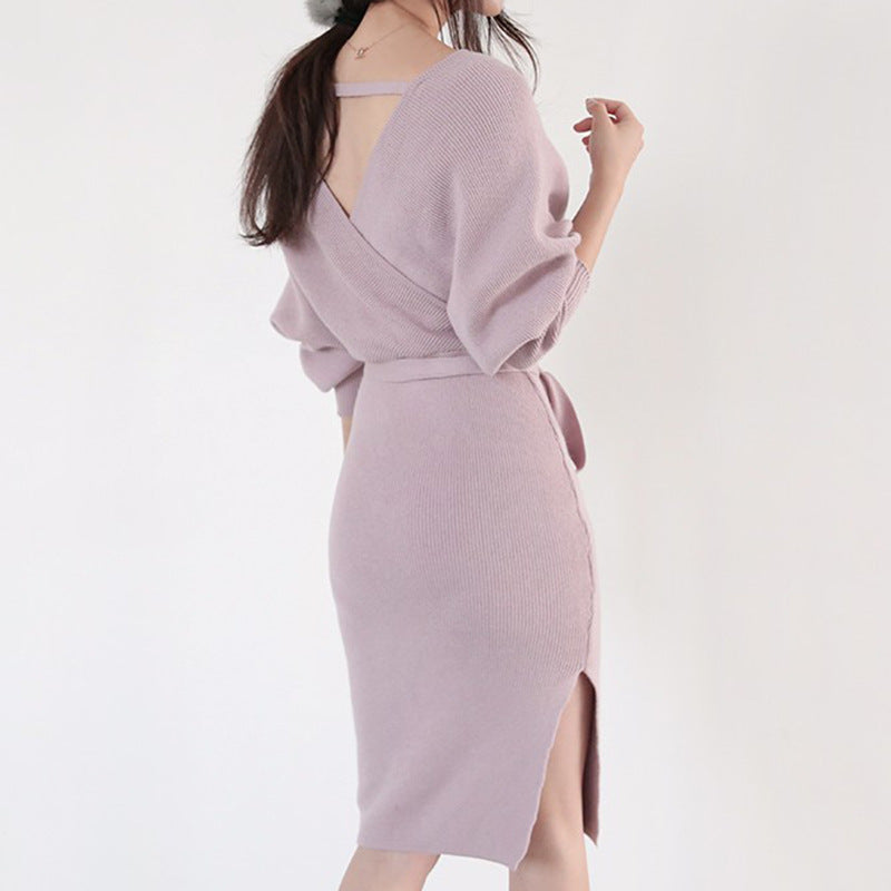 Damen Strickkleid mit Wickeloptik und knöpfbarem Gürtel Drune