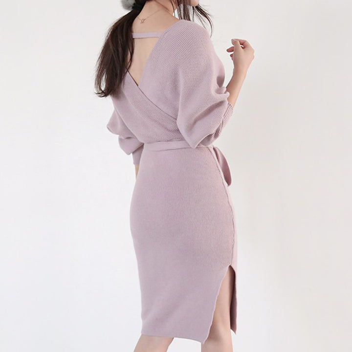 Damen Strickkleid mit Wickeloptik und knöpfbarem Gürtel Drune