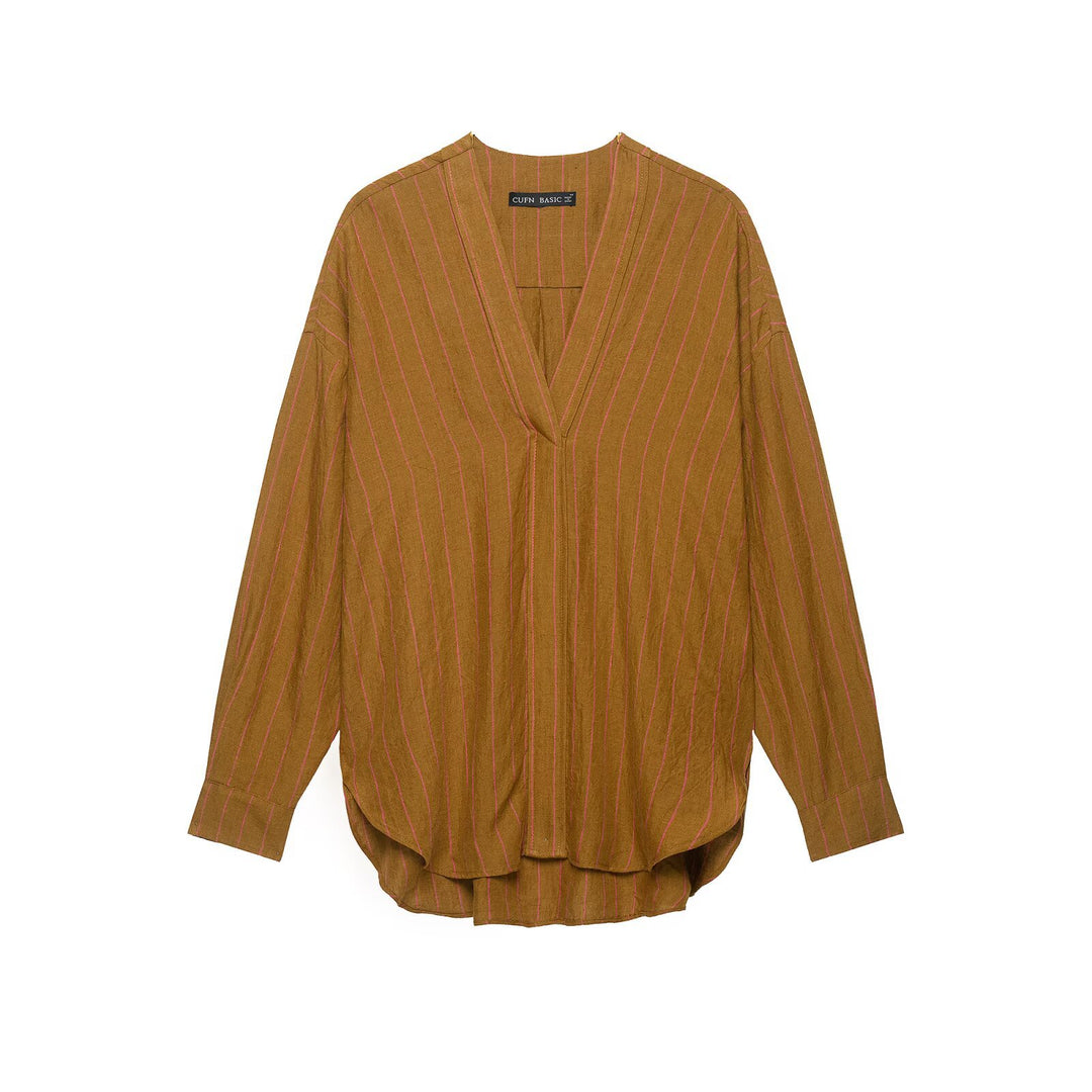 Damen Oversize Streifenbluse mit tiefem V‑Ausschnitt und gerundetem Saum Drune