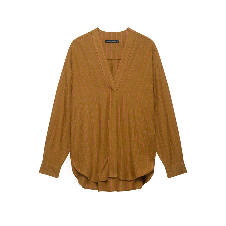 Damen Oversize Streifenbluse mit tiefem V‑Ausschnitt und gerundetem Saum Drune