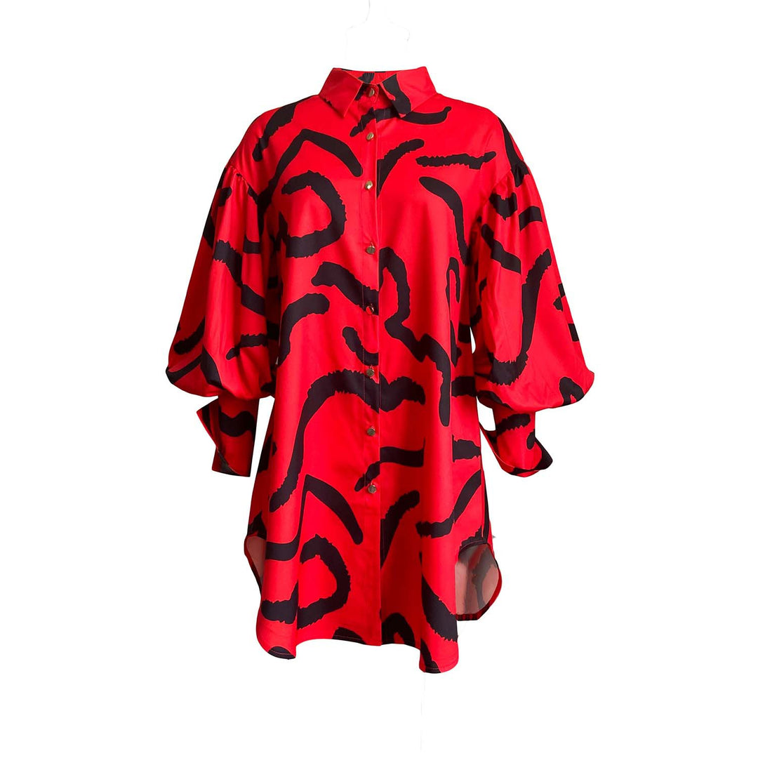 Damen Hemdkleid mit Oversize-Puffärmeln und lebhaftem Muster Drune