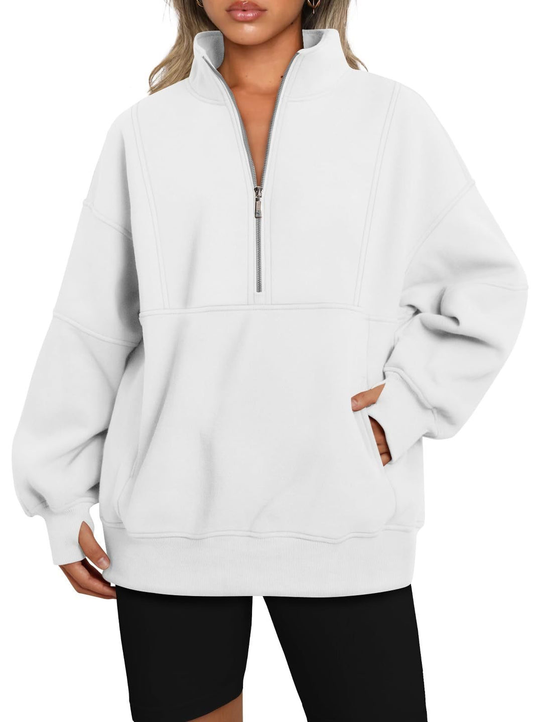 Damen Oversize-Sweatshirt mit halbem Reißverschluss, Stehkragen und Kängurutasche Drune