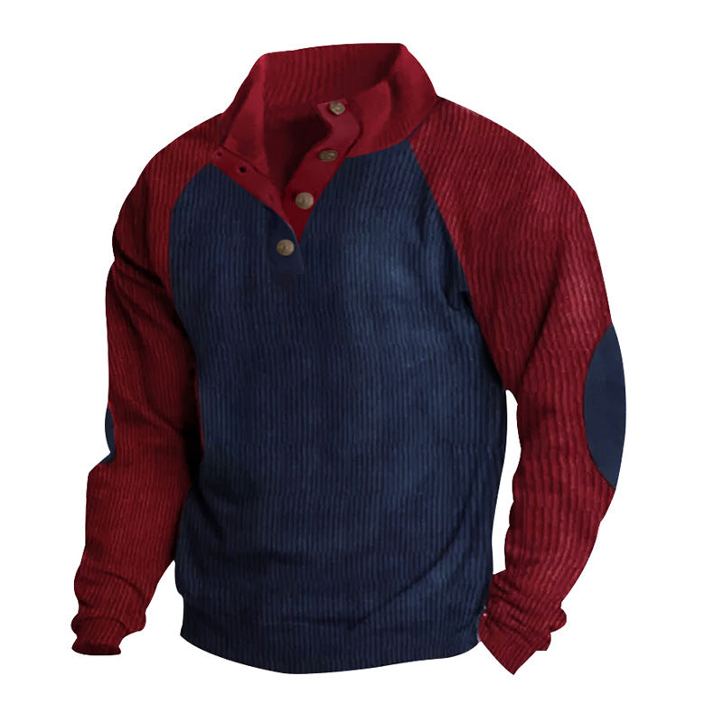 Herren Strukturiertes Raglan-Henley-Pullover mit Stehkragen, Ellenbogenpatches & Knopfleiste Drune