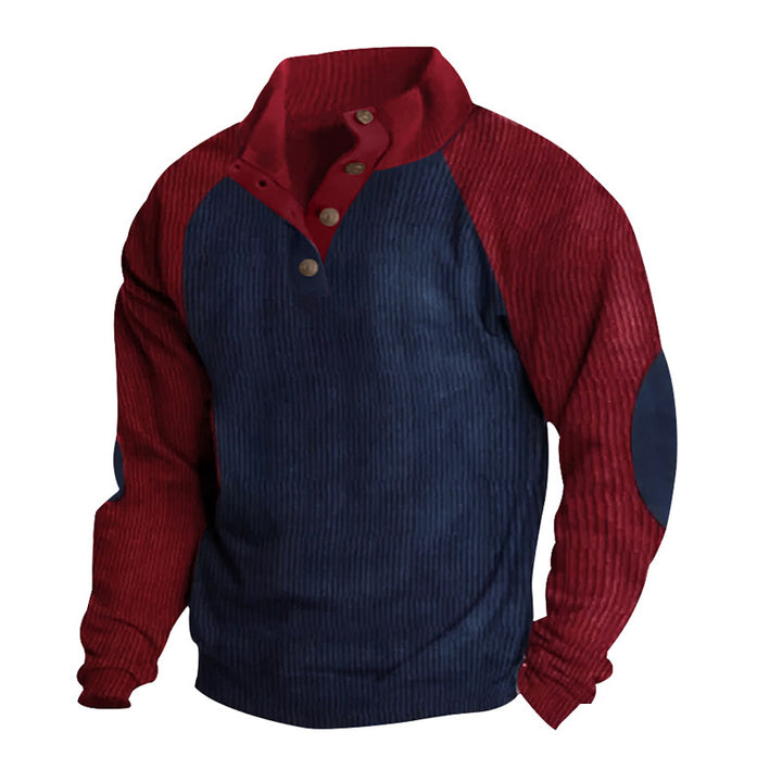 Herren Strukturiertes Raglan-Henley-Pullover mit Stehkragen, Ellenbogenpatches & Knopfleiste Drune