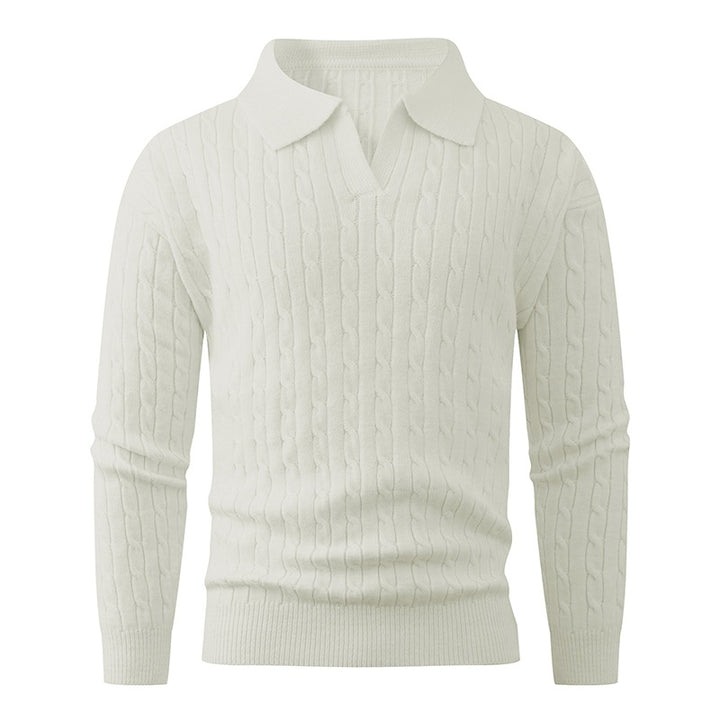 Herren Kabelstrick-Polo-Pullover mit V-Ausschnitt und Zopfmuster Drune