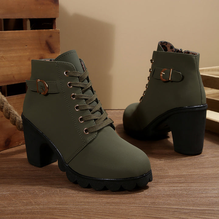 Damen nan knöchelhohe Schnürstiefelette mit robustem Blockabsatz und profilstarker Lugsohle Drune