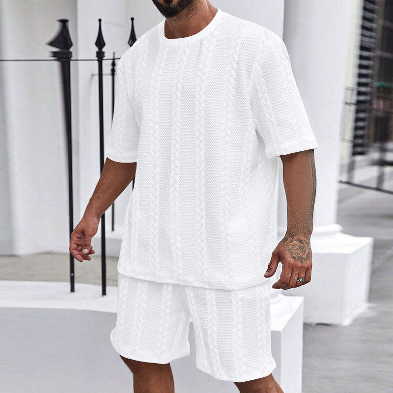 Herren nan entspanntes Zopfstrick-Freizeitset mit weitem Kurzarmshirt und elastischer Bermuda Drune