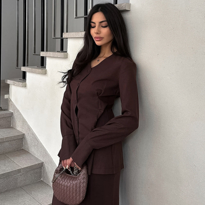 Damen Elegantes Deux-Pieces-Anzugset mit schwingendem Oberteil und bodenlangem Rock Drune