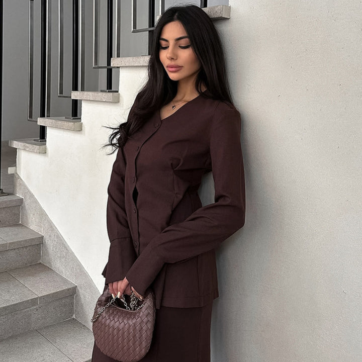 Damen Elegantes Deux-Pieces-Anzugset mit schwingendem Oberteil und bodenlangem Rock Drune