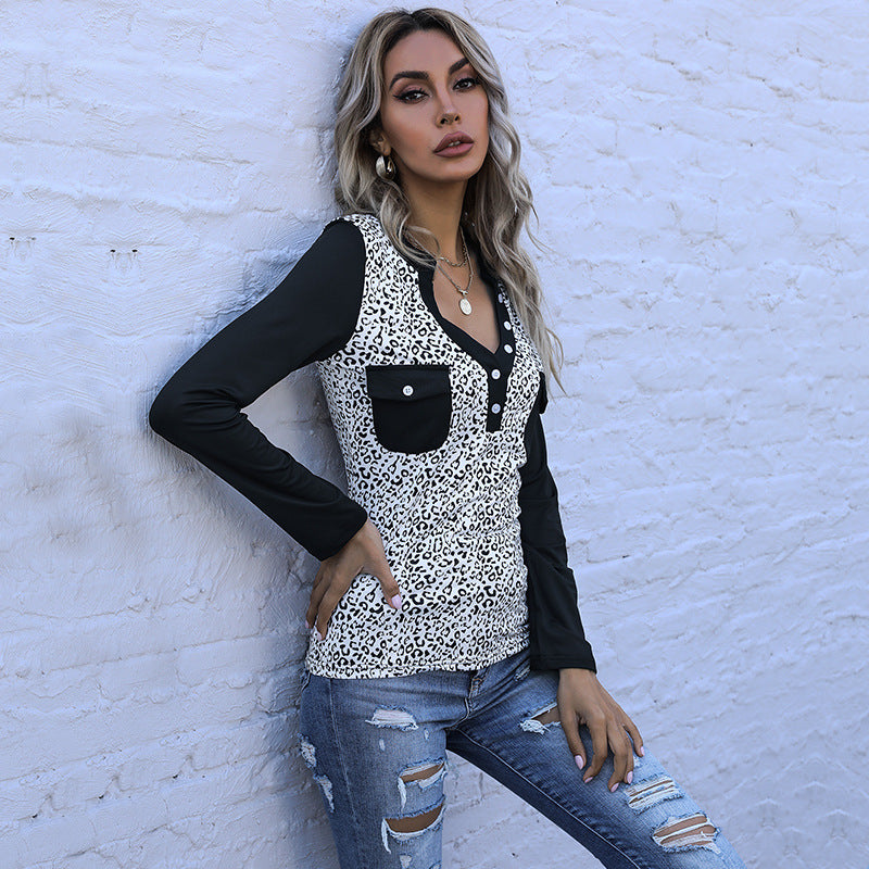 Damen Langarmshirt im Animal-Print mit kontrastierenden Ärmeln, Knopfleiste und Brusttaschen Drune