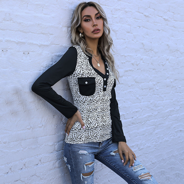 Damen Langarmshirt im Animal-Print mit kontrastierenden Ärmeln, Knopfleiste und Brusttaschen Drune