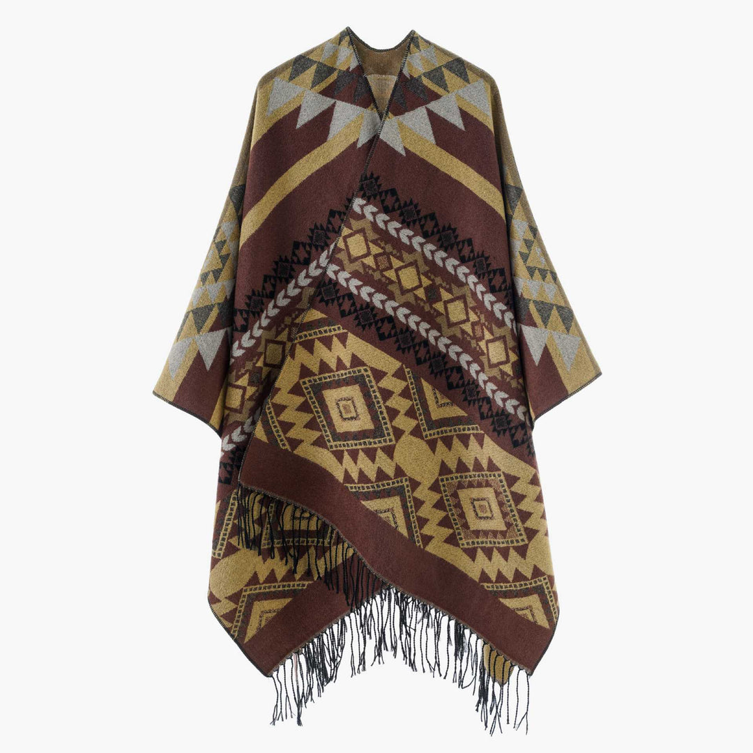 Damen Oversize Jacquard‑Überwurf im Ethno‑Muster mit Fransen Drune