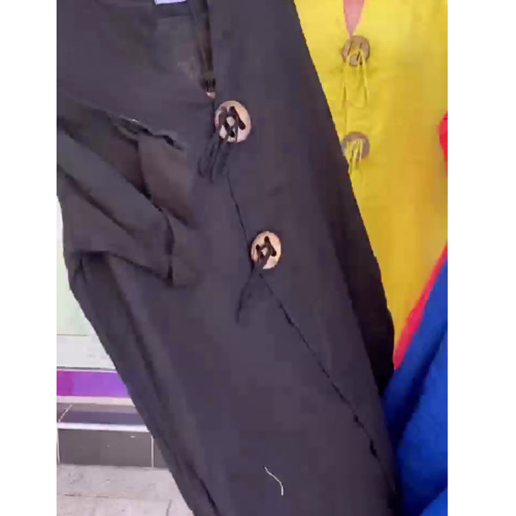 Damen Lange Leinen Look Kaftan Kleid mit Holerring Dekorbändchen und Roll-Up Drei-Viertel Ärmeln Drune