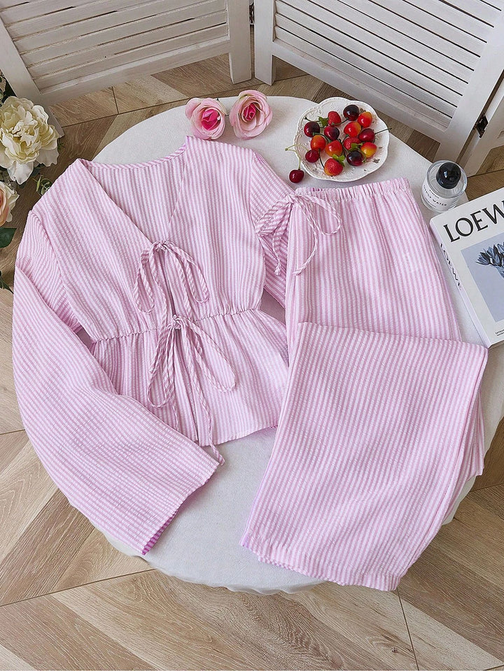 Damen nan gestreiftes Leinenähnliches Homewear-Set mit gerafftem Tunnelzugoberteil und elastischer Bundhose Drune